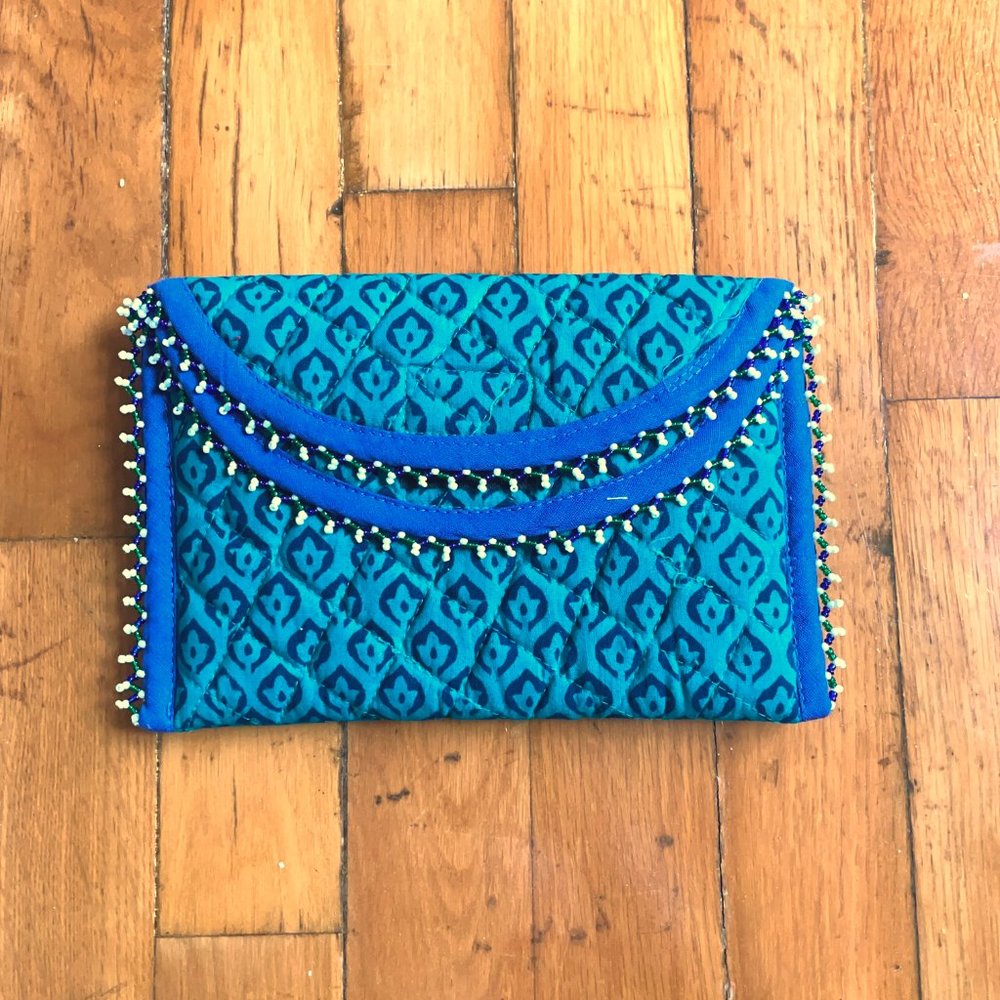 New Hand-made Clutch Wallet Bead accent Small Peacock Green